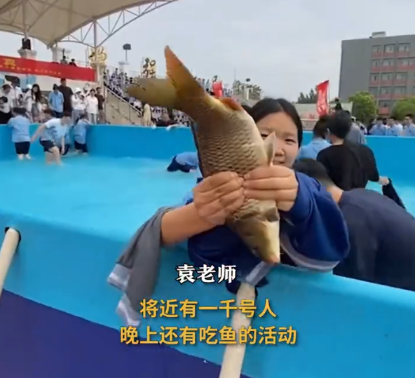 本周高考！河南一學(xué)校讓千名高考生抓魚減壓：寓意魚躍龍門