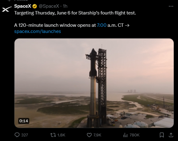 人類史上強火箭！馬斯克SpaceX宣布星艦明晚第4次試飛