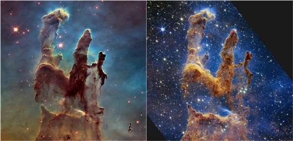 NASA公布宇宙“創(chuàng)生之柱”新影像：哈勃、韋布合力拍攝 距離地球6500光年