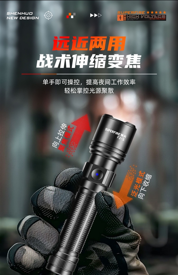 遠近兩用 戰(zhàn)術(shù)伸縮變焦：神火強光手電筒9.9元包郵