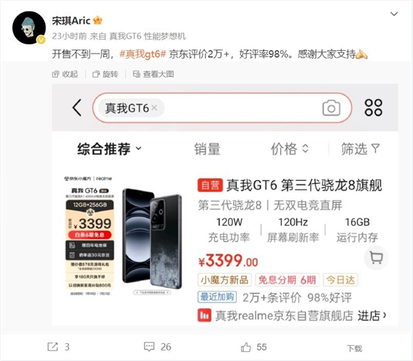 香的驍龍8 Gen3直屏機(jī)！真我GT6開售不到一周京東評(píng)價(jià)2萬+：好評(píng)率98%