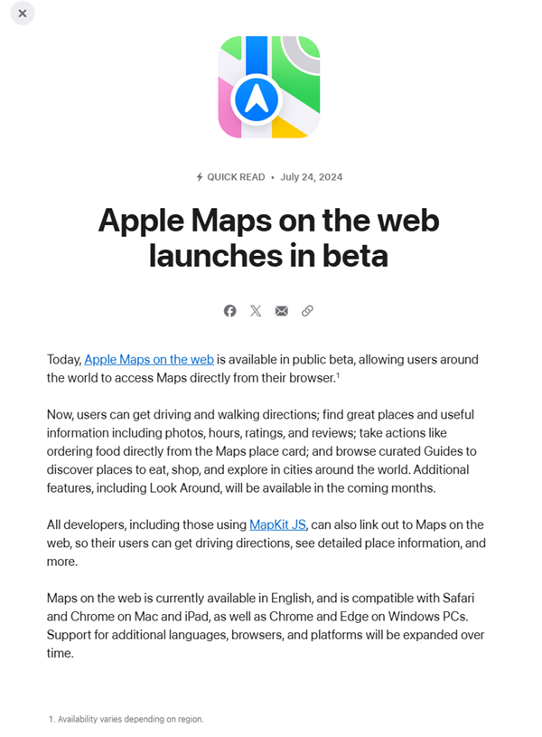 蘋果推出Apple Maps網(wǎng)頁(yè)版地圖：兼容Win PC Chrome、Edge瀏覽器