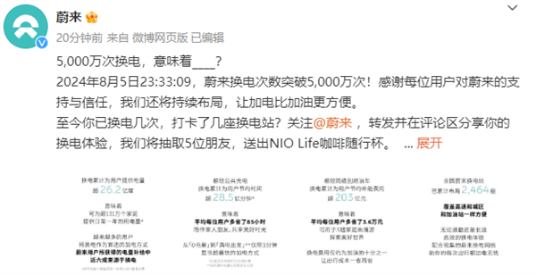 中國新能源里程碑！蔚來第5000萬次換電達成