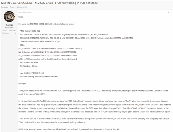 AMD X670E主板詭異Bug：PCIe5.0 SSD突然變PCIe1.0！死機(jī)無法啟動(dòng)