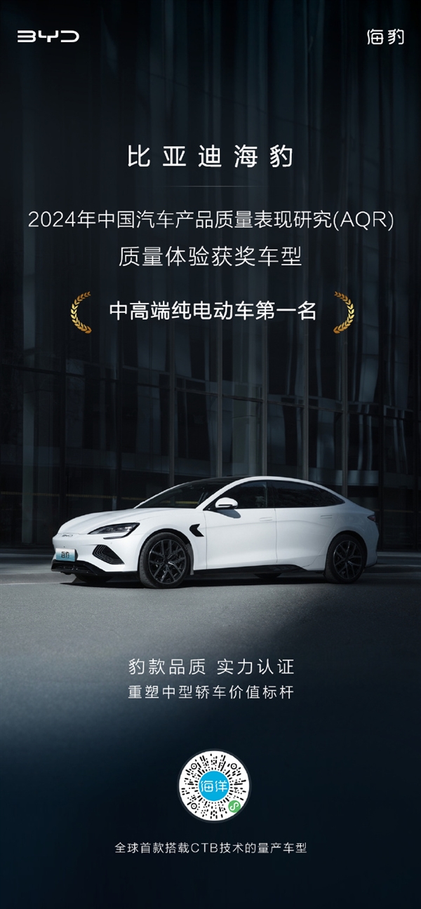 全球首款CTB量產(chǎn)車(chē)型 比亞迪海豹獲中高端純電動(dòng)車(chē)質(zhì)量體驗(yàn)第一名