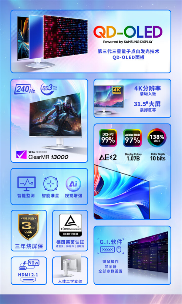 微星推出31.5寸OLED白色極光顯示器：4K 240Hz屏首發(fā)6999元