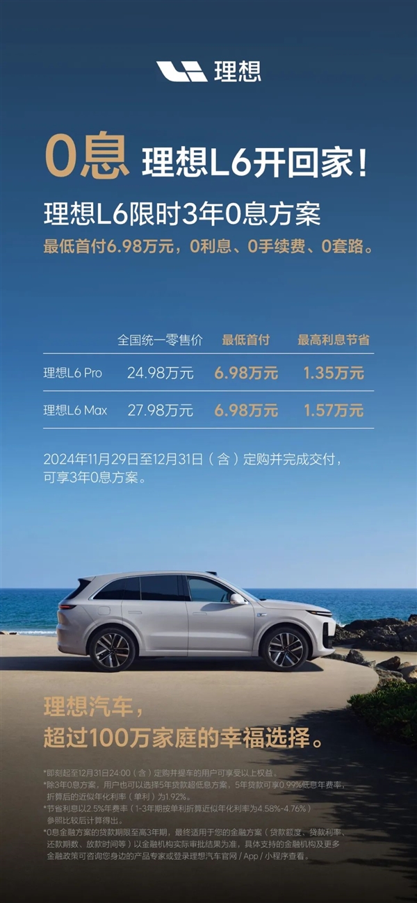 硬剛特斯拉 理想汽車推出全系限時3年0息貸：首付6.98萬可提車