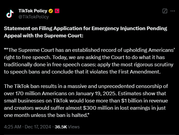 不賣就禁！TikTok請(qǐng)求美國高法院阻止2025年1月生效的禁令