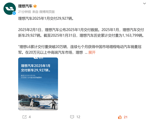 理想汽車1月交付29927輛：理想L6連續(xù)七月蟬聯(lián)增程銷冠