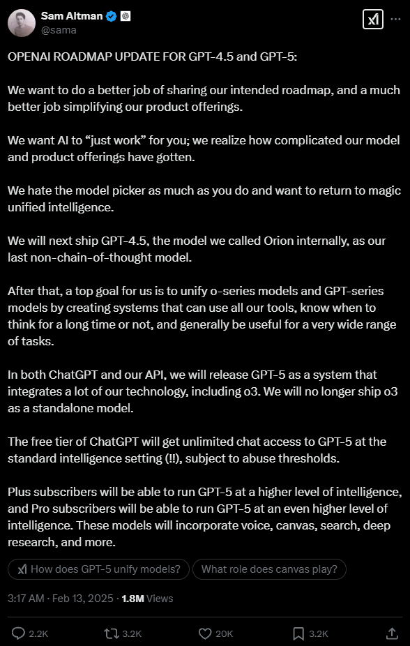 OpenAI凌晨放王炸！GPT-5即將發(fā)布 免費(fèi)無(wú)限使用