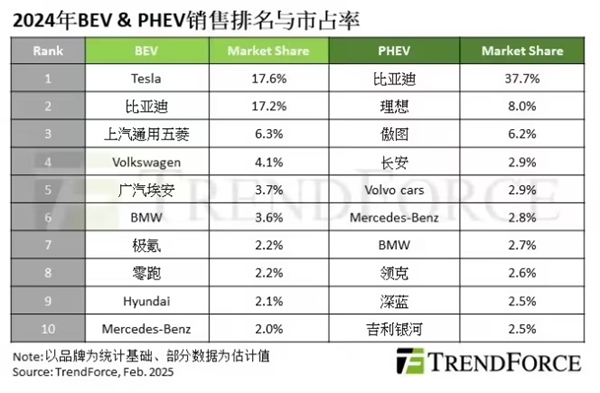 2024全球新能源銷量榜：特斯拉、比亞迪分別奪得純電與插混冠軍