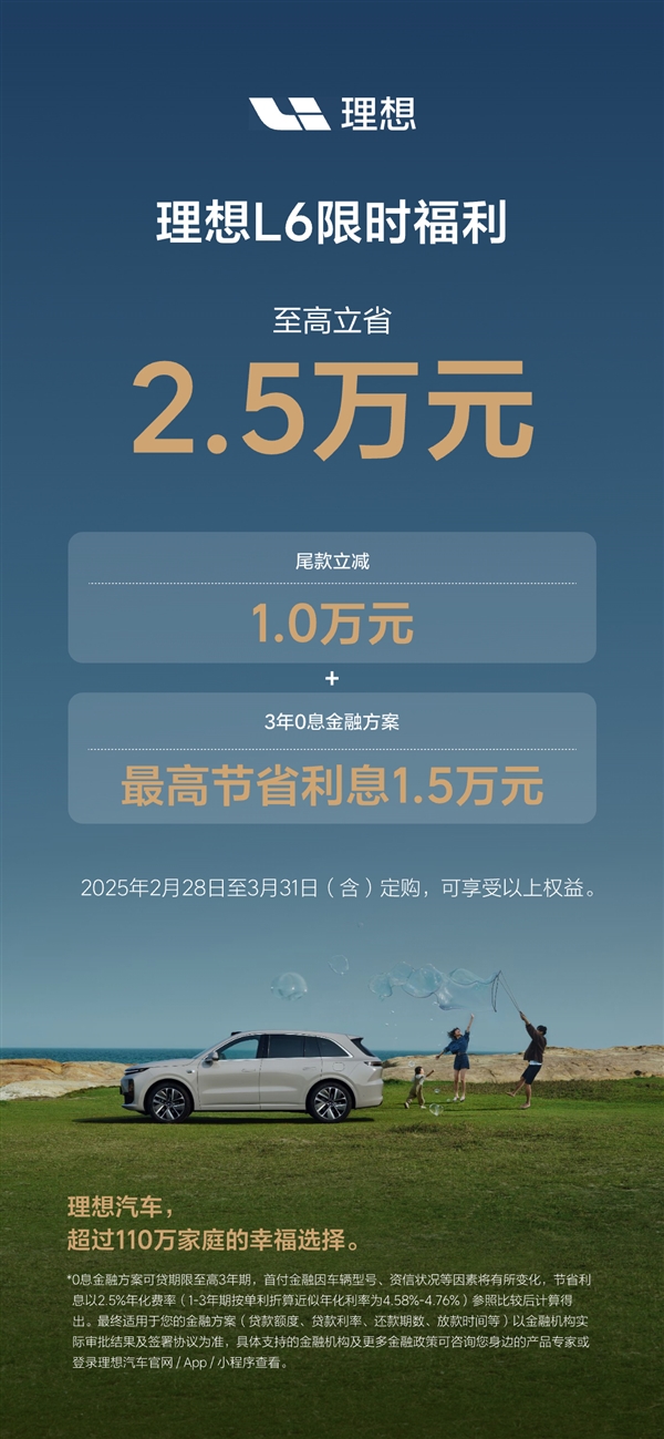理想L系SUV限時(shí)福利來了：至高優(yōu)惠1.6萬外加3年0息貸