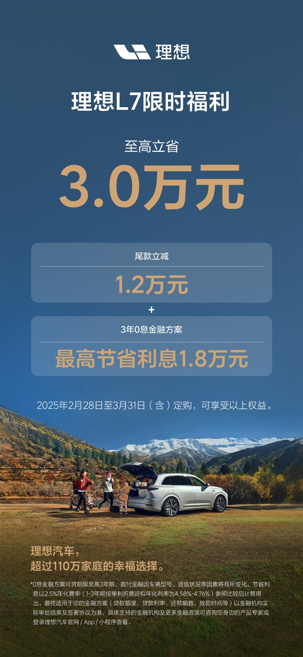 理想L系SUV限時(shí)福利來了：至高優(yōu)惠1.6萬外加3年0息貸