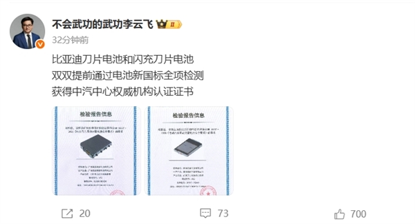 不起火、不爆炸！比亞迪：刀片電池和閃充刀片電池提前通過(guò)2025新國(guó)標(biāo)全項(xiàng)檢測(cè)